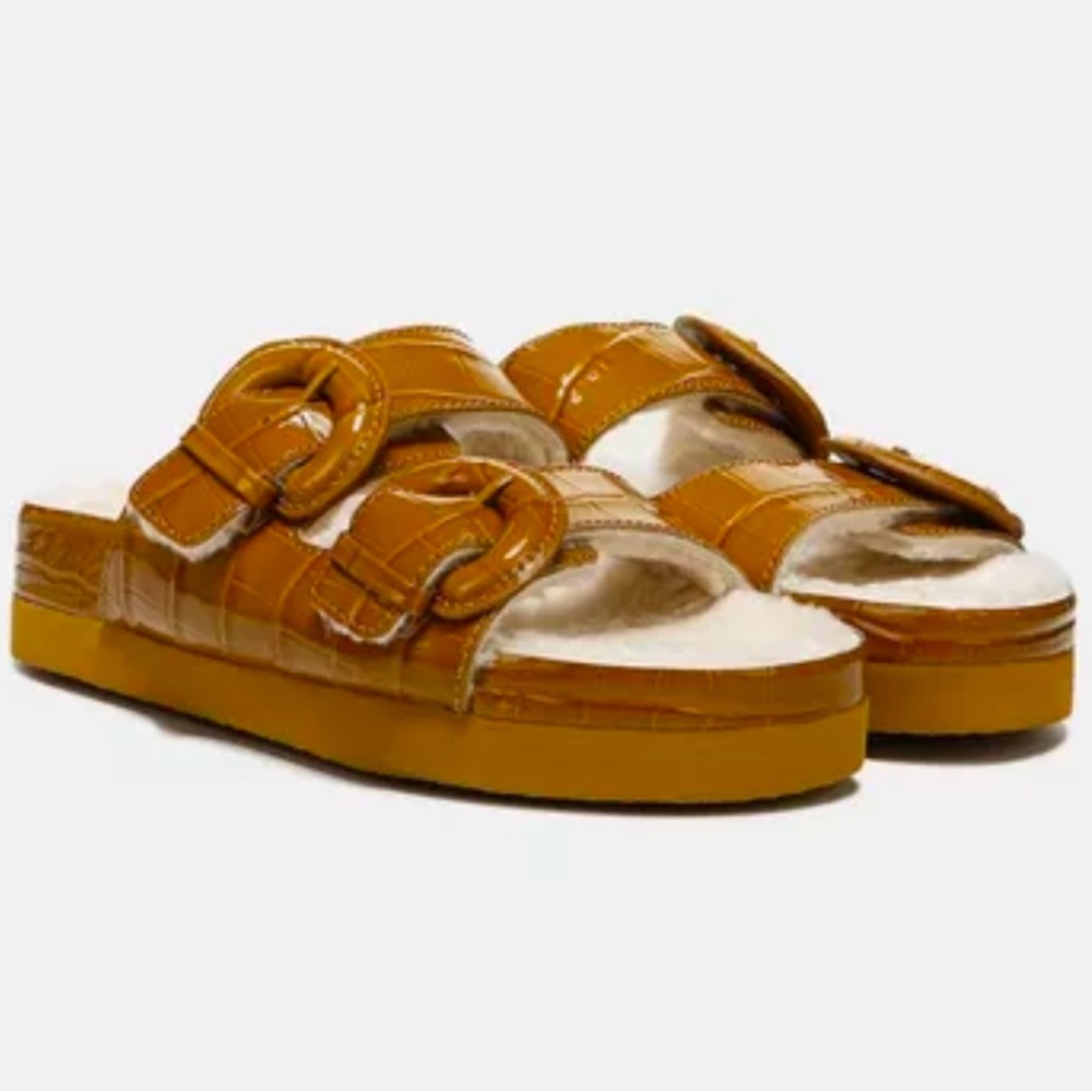 Vince Mustard Yellow Double-Buckle Platform Slide Sandals